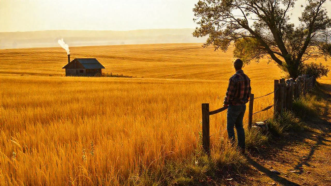 Campo dorado, figura solitaria, quietud profunda