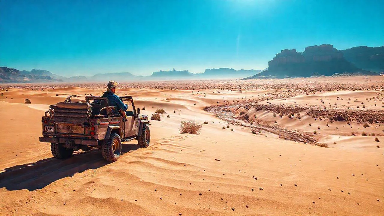 Desierto árido, figura solitaria y vastedad