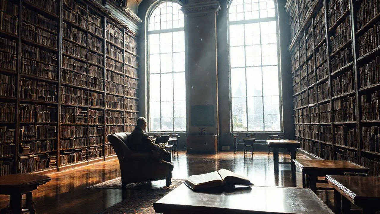 Un hombre lee en biblioteca tranquila