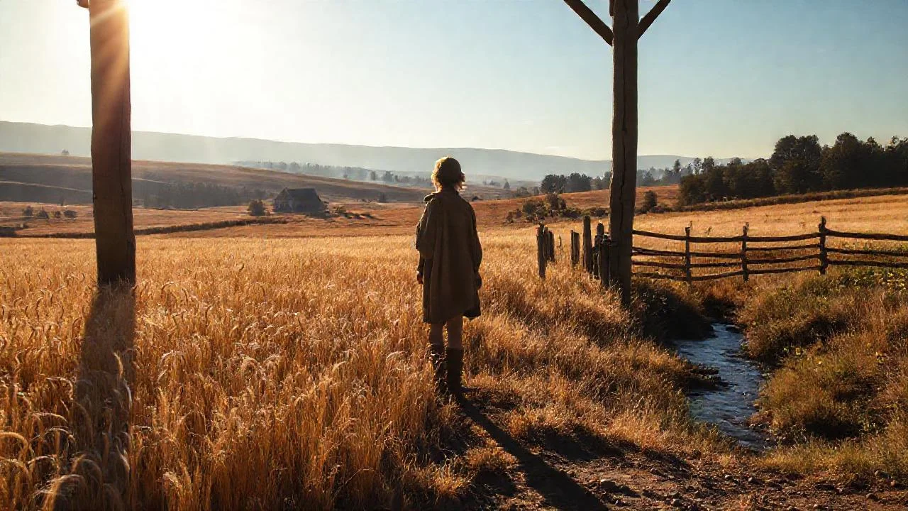 Campo dorado, figura solitaria y quietud
