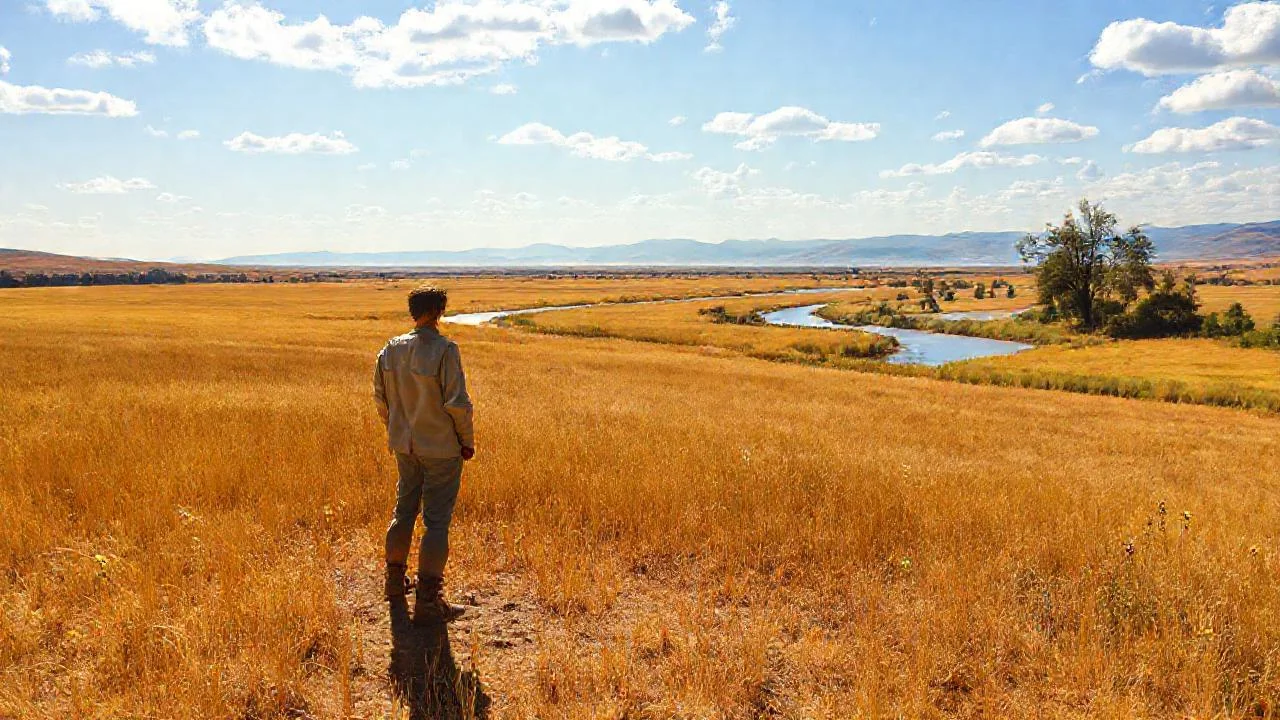 Campo dorado, figura observa la paz
