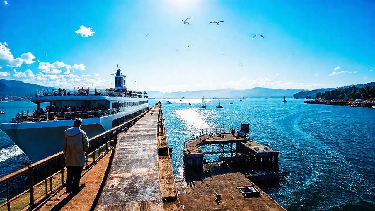 Ferry domina un puerto sereno