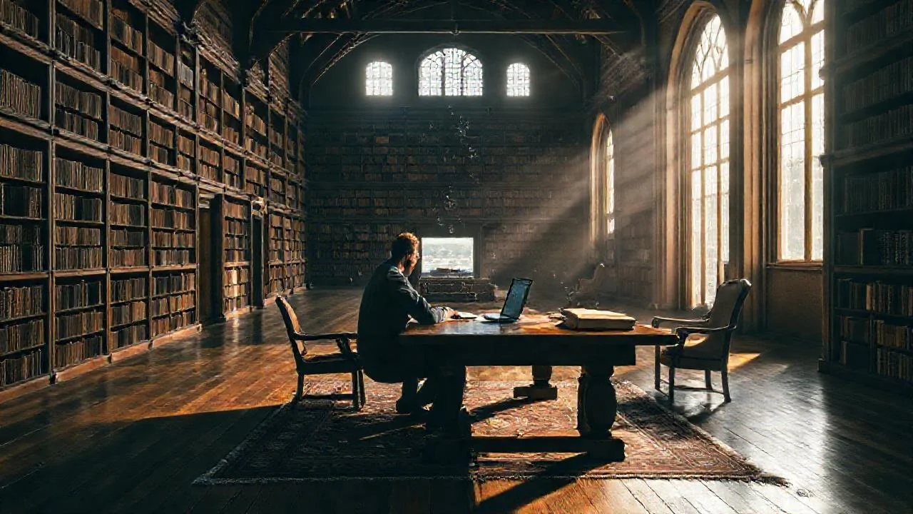 Un hombre lee en biblioteca serena