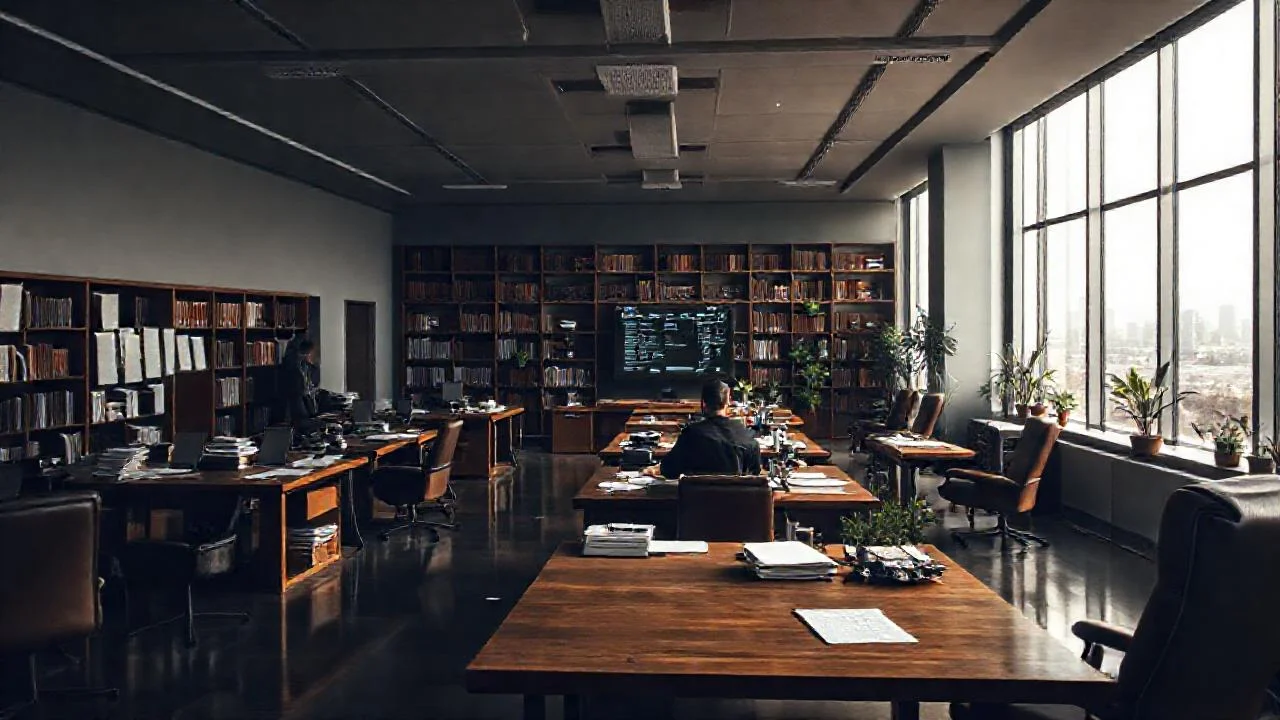 Oficina moderna, grisácea, silenciosa y profunda