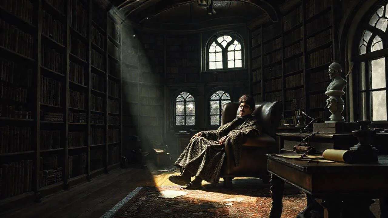 Un hombre reflexivo en biblioteca antigua