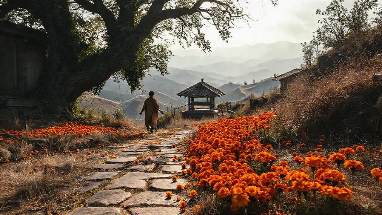 Flores naranjas adornan un camino sereno