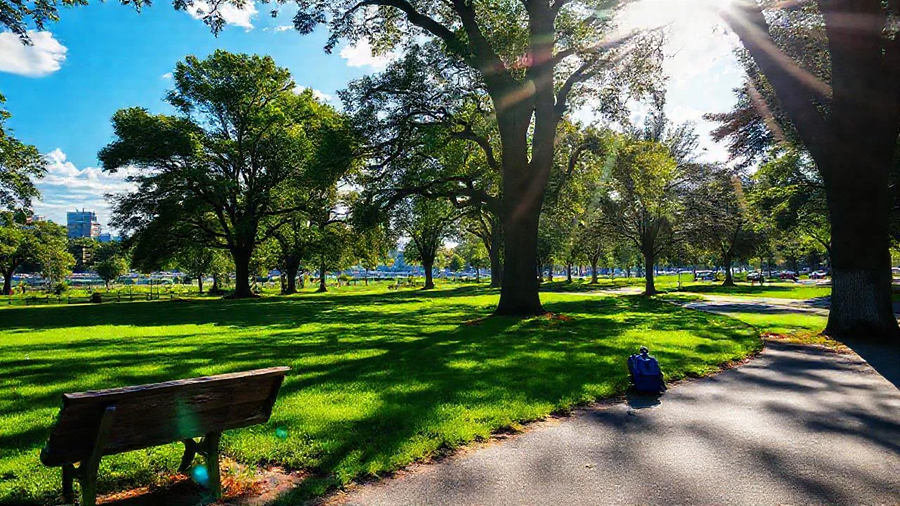 Parque tranquilo, luz cálida y sombra