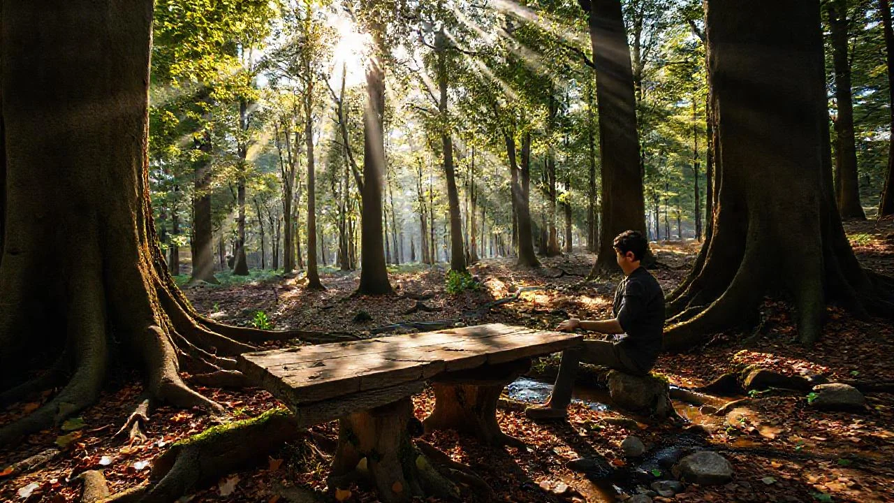Bosque tranquilo, luz filtrada y quietud