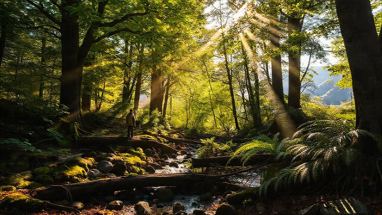 Bosque vasto, luz filtrada y tranquilo