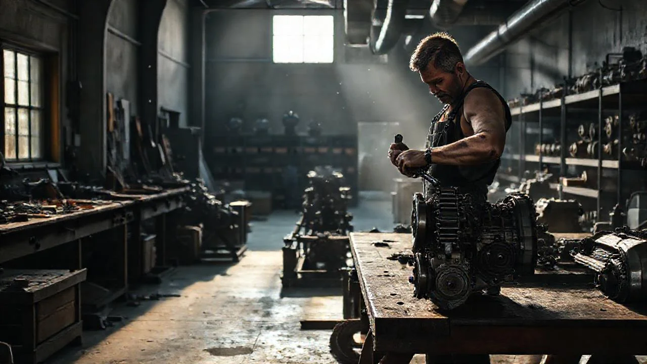 Taller industrial, hombre, motor en construcción