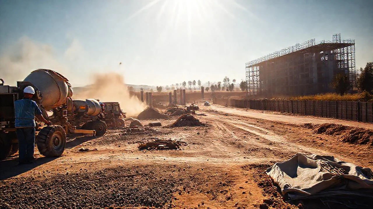 Construcción industrial bajo un sol cálido