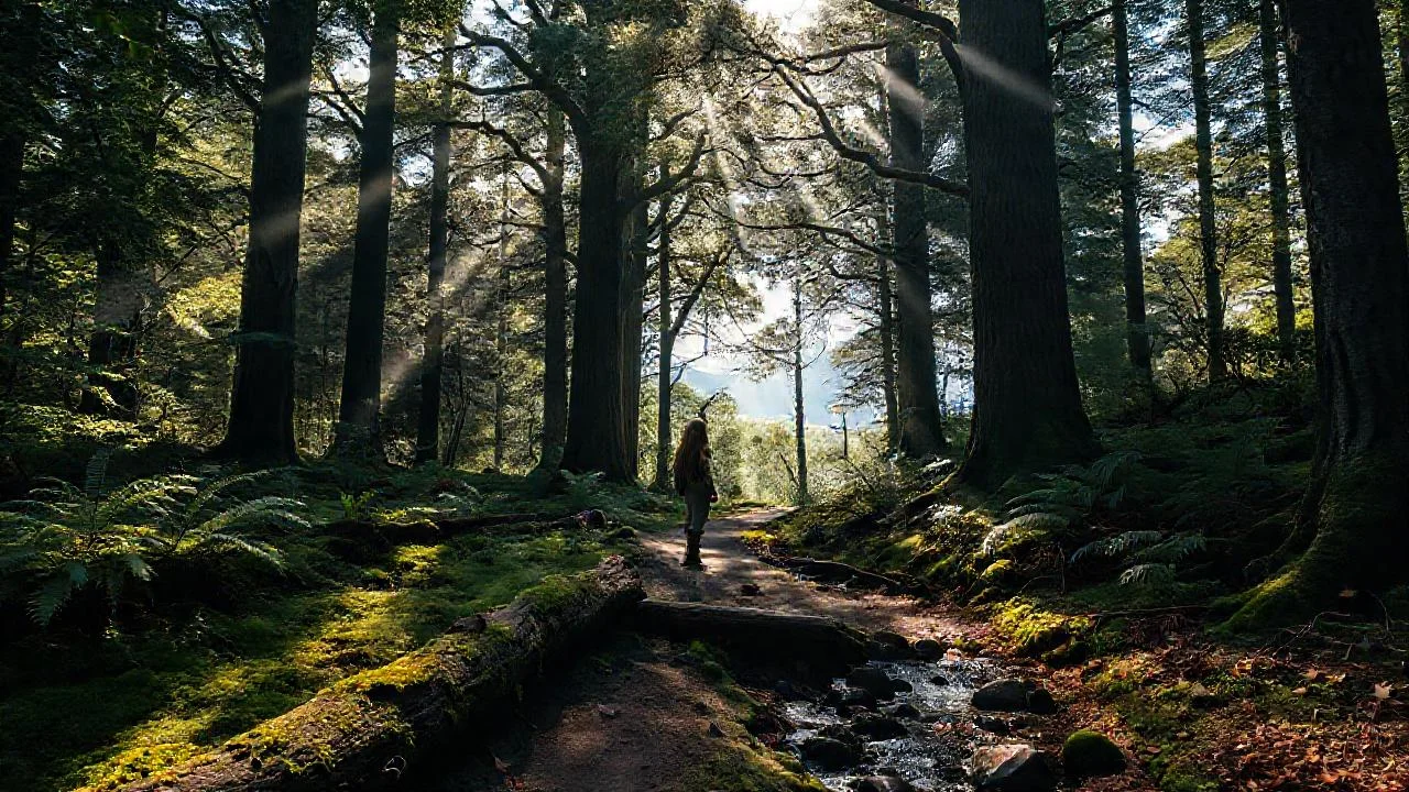Bosque antiguo, luz y quietud
