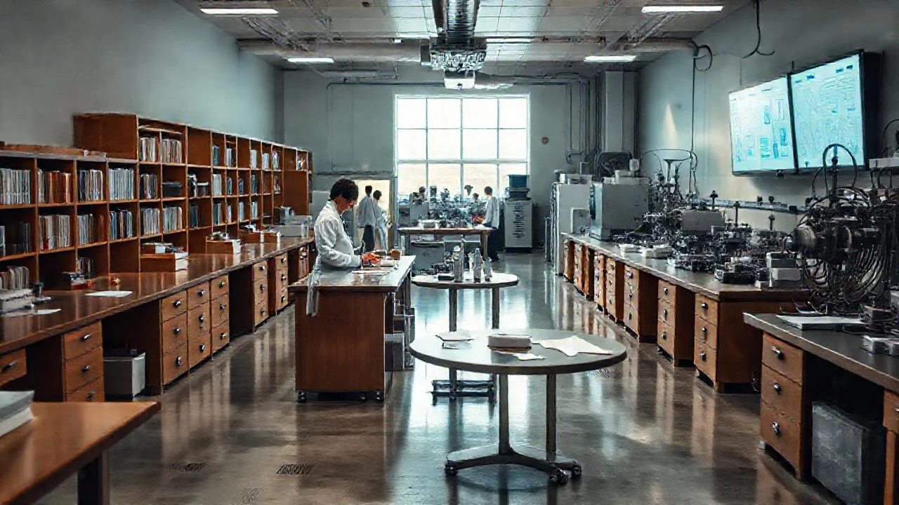 Laboratorio ordenado, luz natural, ciencia en calma
