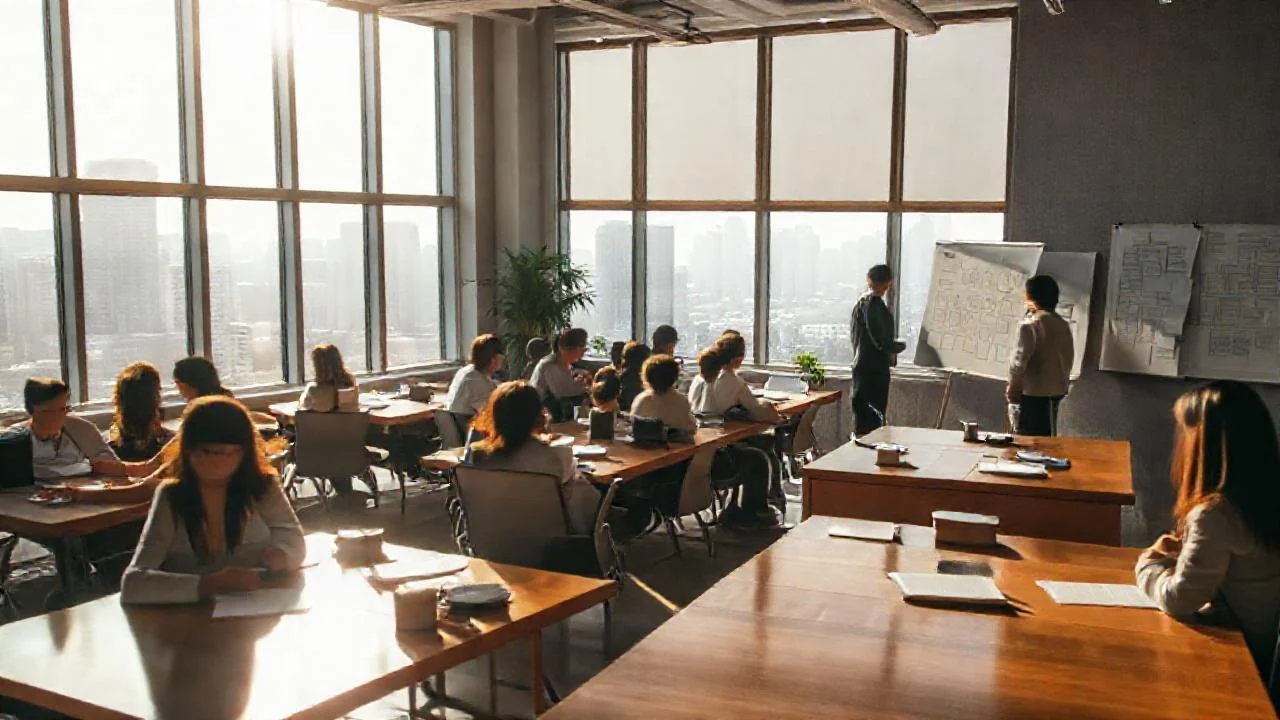 Oficina moderna, trabajo concentrado y luminoso