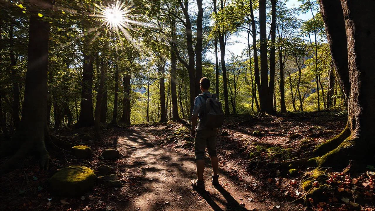 Bosque sereno, luz filtrándose entre árboles