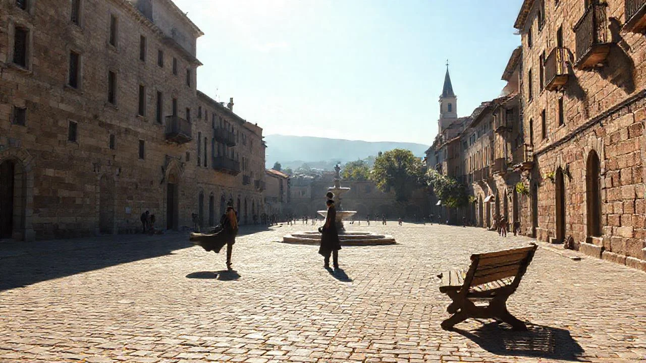 Plaza antigua, luz y quietud