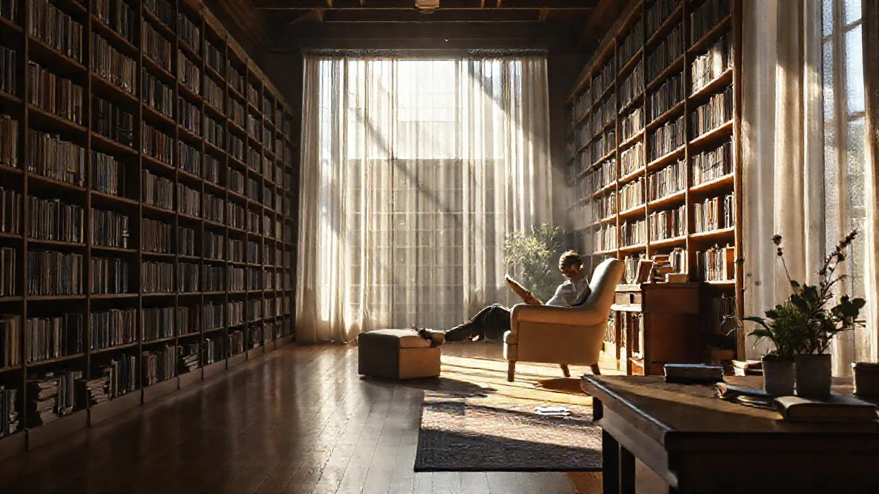 Un lector tranquilo en una biblioteca serena
