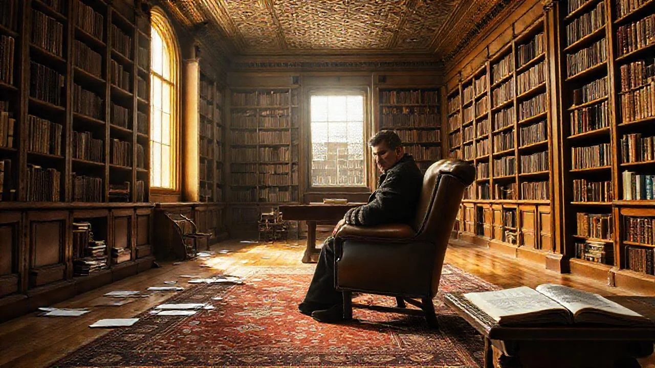 Un hombre lee en biblioteca serena