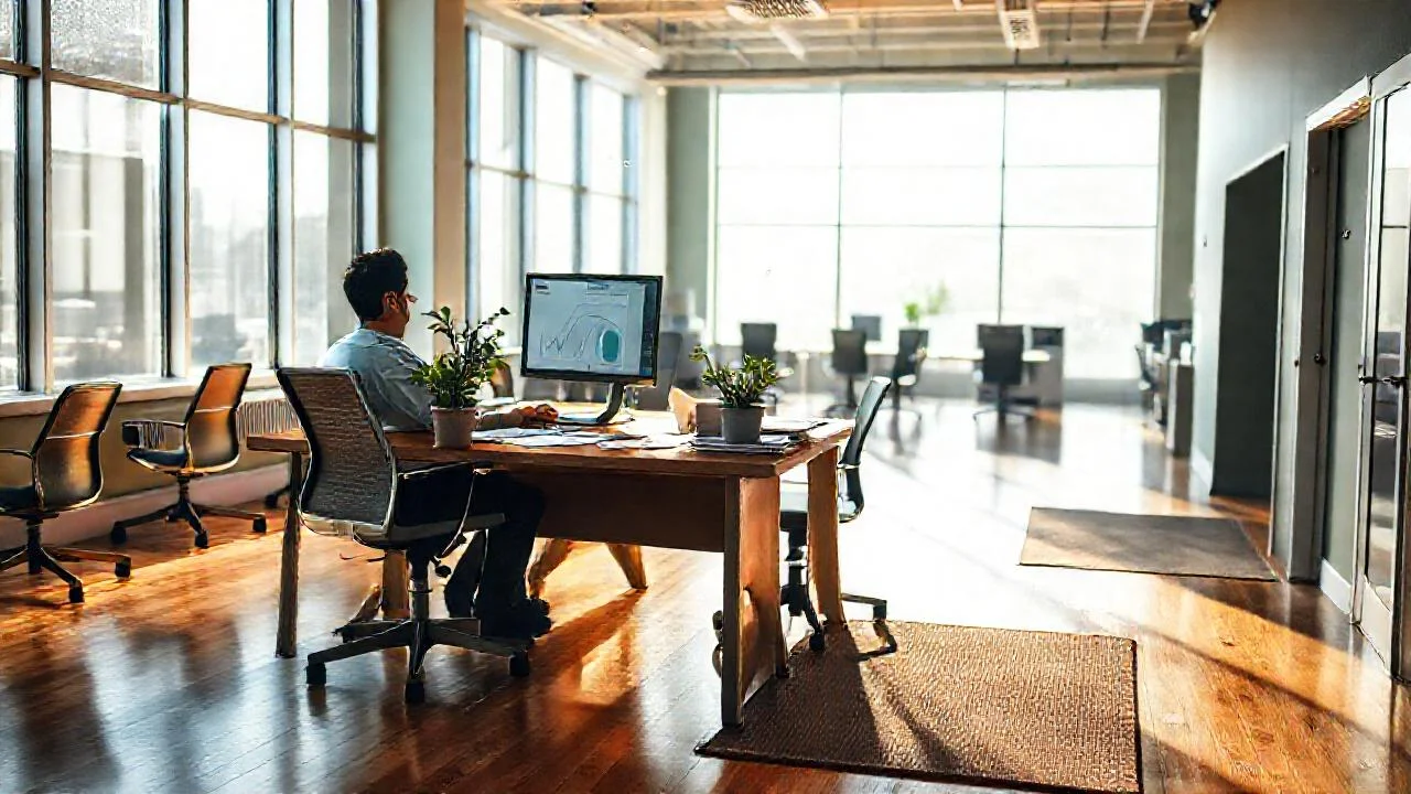 Oficina moderna, luz y trabajo concentrado
