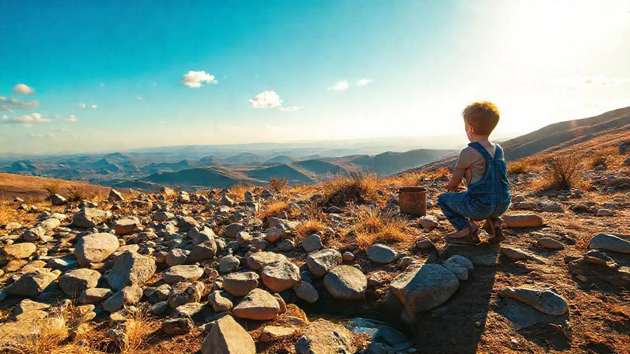 Un niño observa colinas bajo el sol