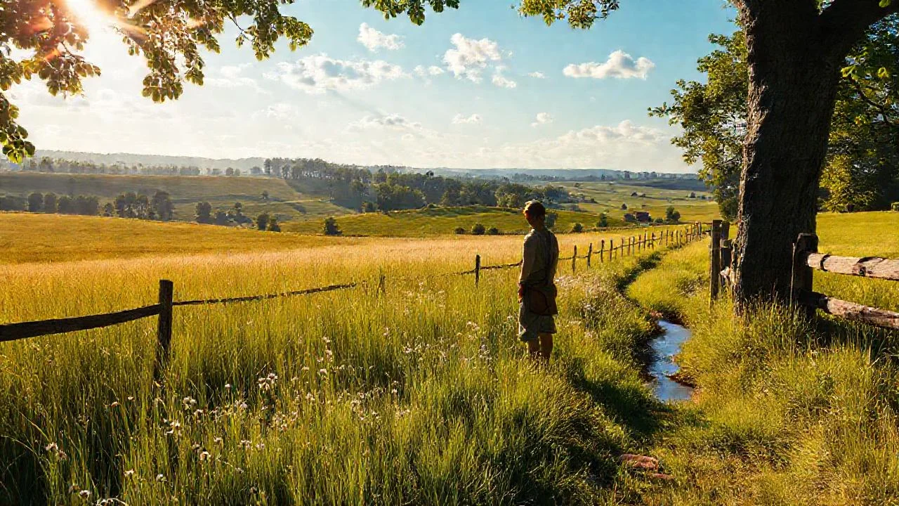 Tranquilidad rural, luz y figura solitaria