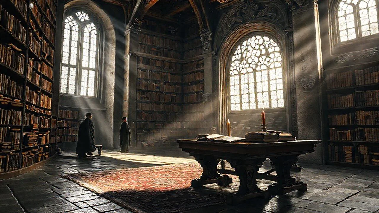 Una biblioteca antigua, silenciosa y solitaria
