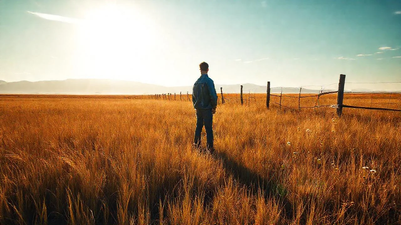 Campo dorado, figura solitaria, quietud rural