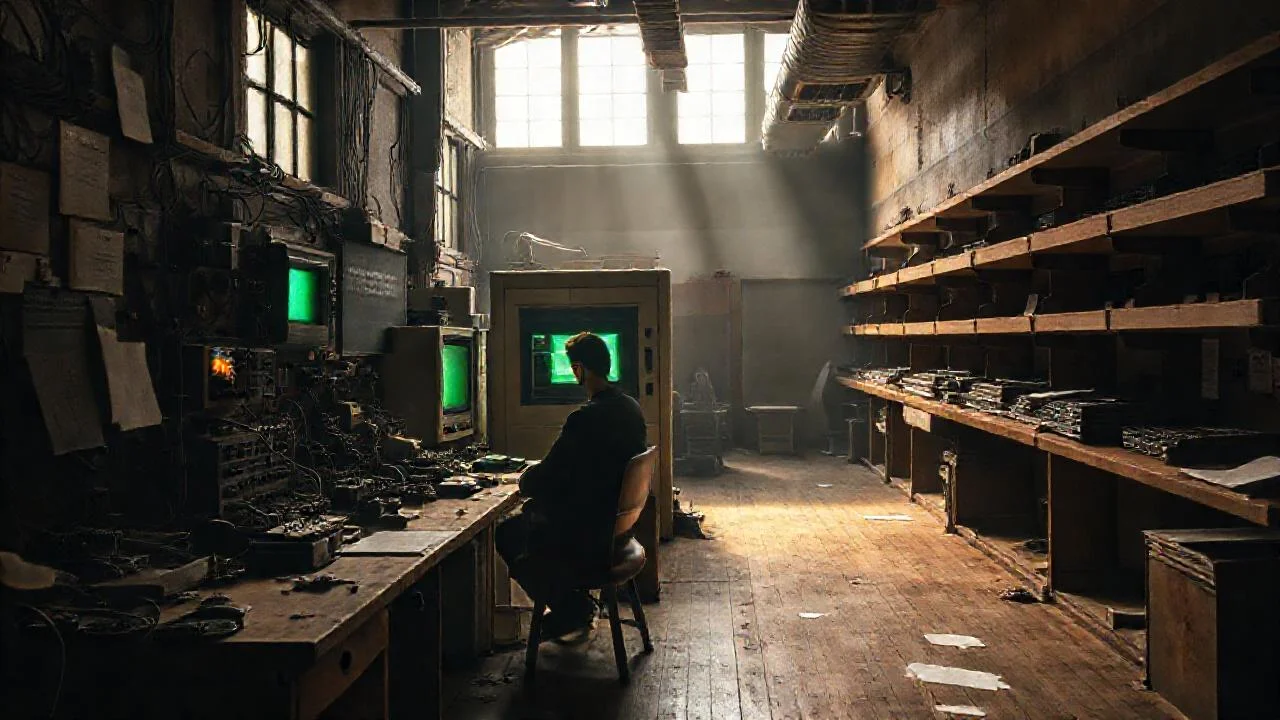 Taller antiguo, tecnología olvidada, silenciosa atención