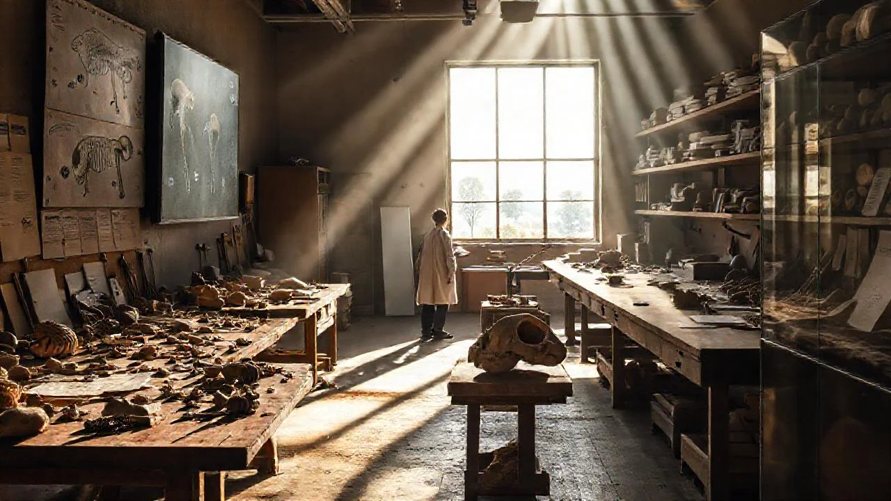 Laboratorio antiguo, fósiles y luz tenue