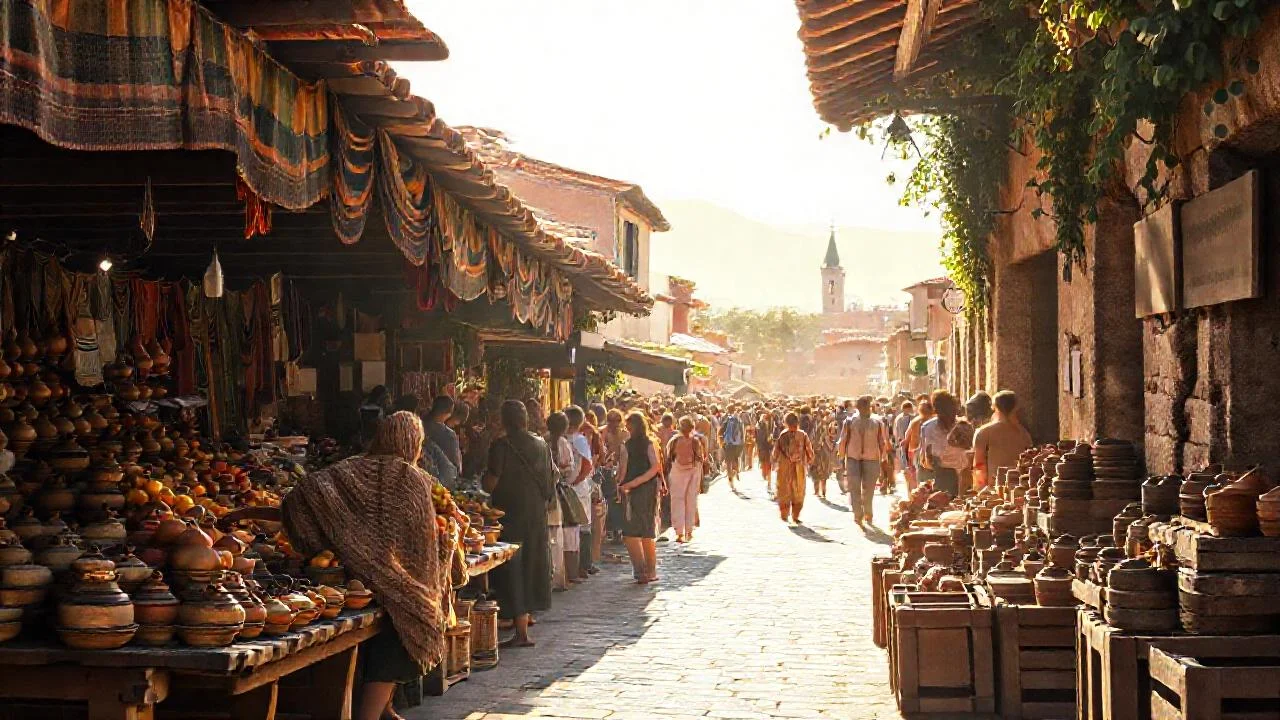 Mercado soleado, tradición y vida vibrante