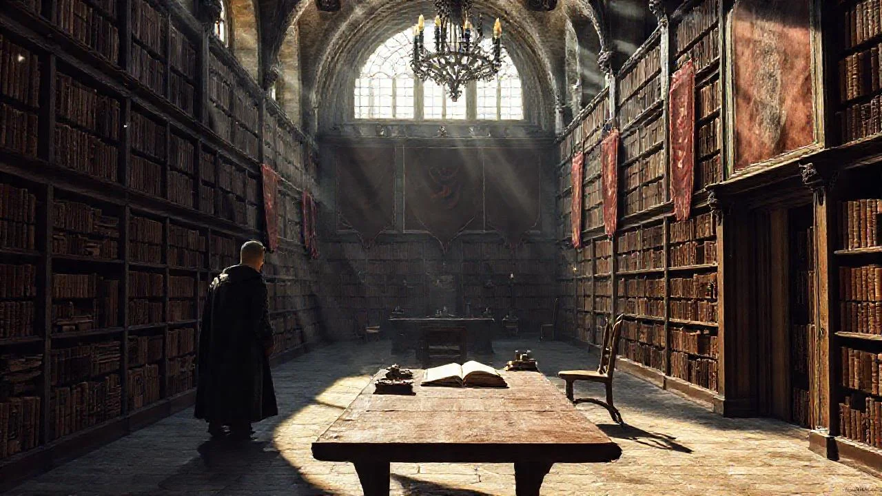 Un erudito reflexiona en biblioteca antigua