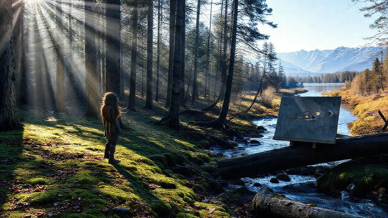Bosque sereno, luz y artista solitario