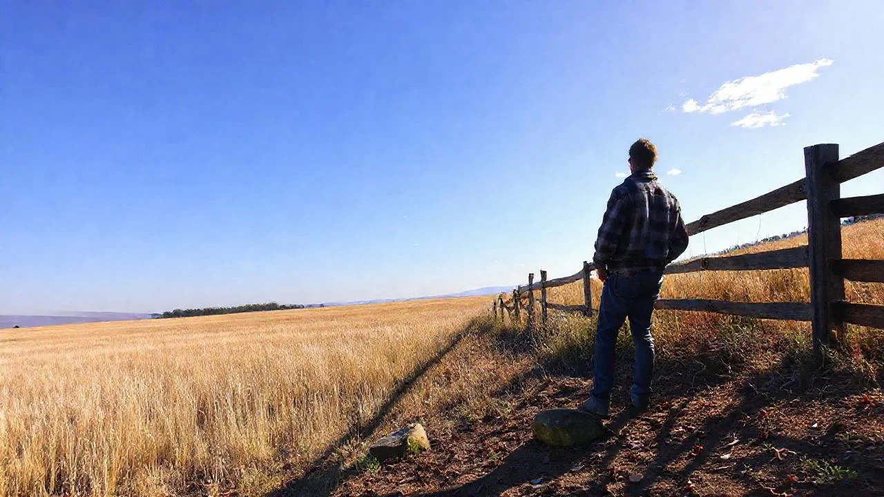 Campo abierto, figura solitaria, paz rural