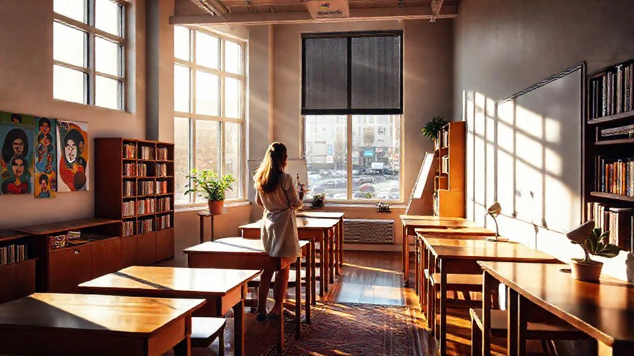 Un aula moderna, cálida y luminosa