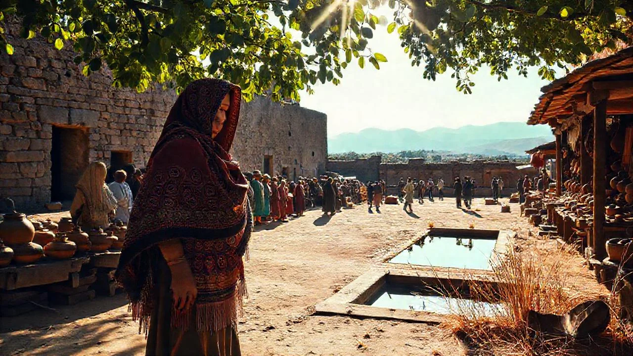 Plaza ancestral, luz dorada y tradición