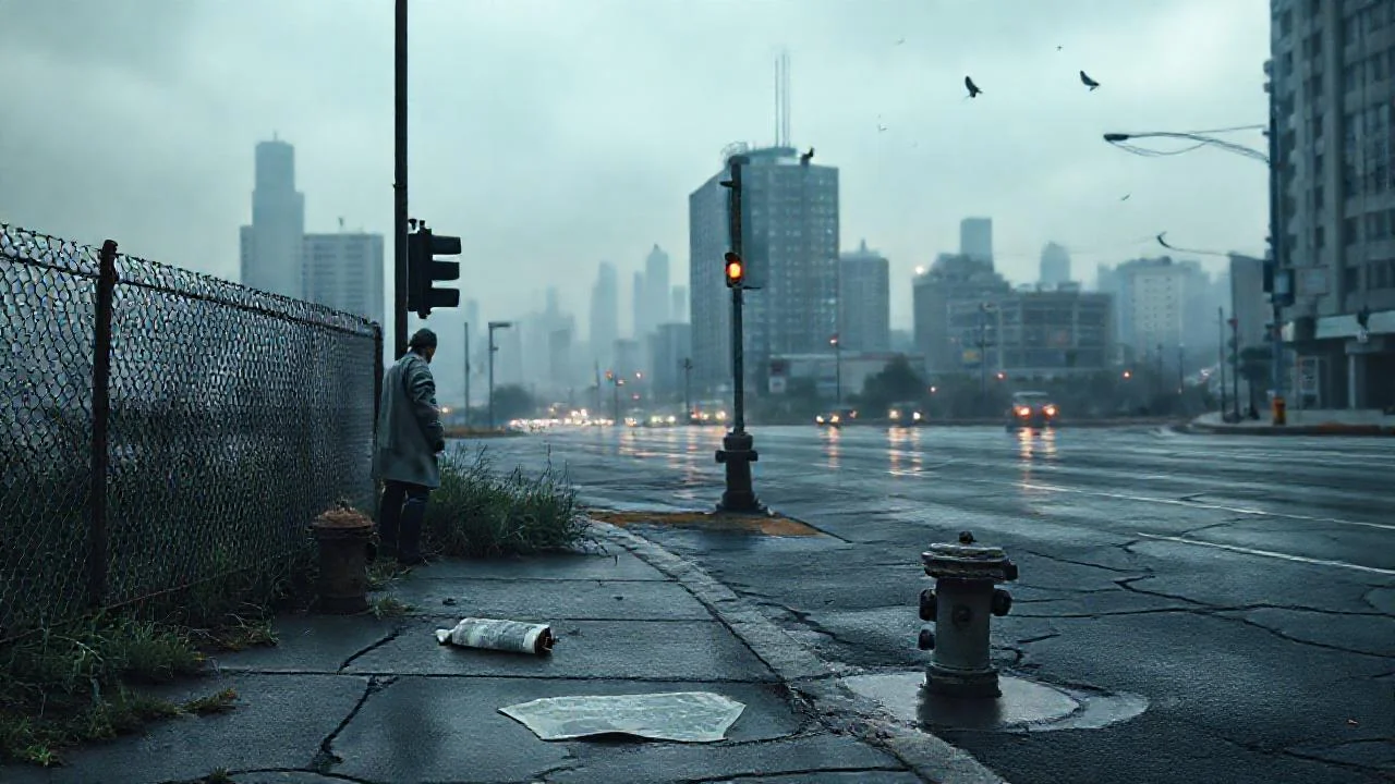 Ciudad desolada y melancólica bajo la lluvia