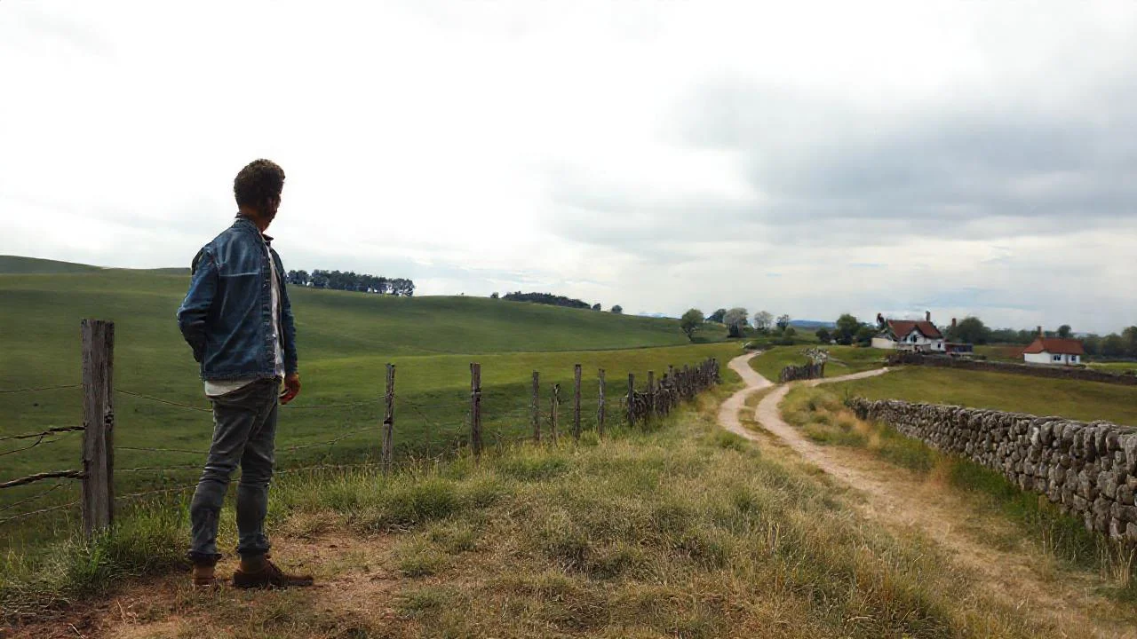Tranquilidad rural, luz difusa y figura solitaria