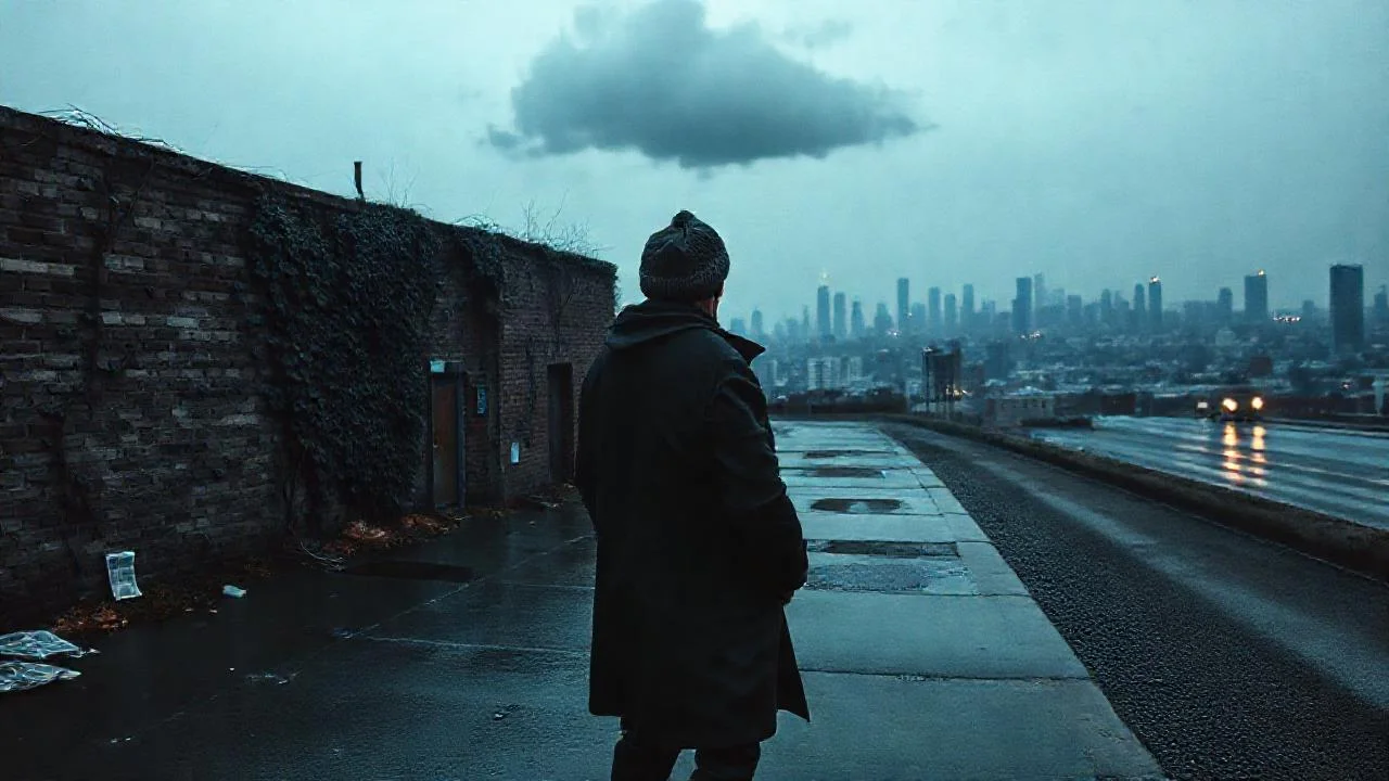 Ciudad sombría, lluvia y soledad