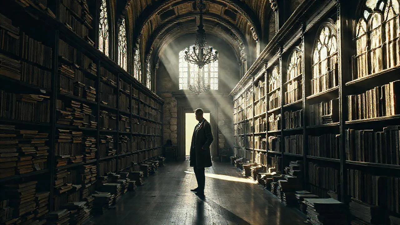 Una biblioteca antigua, silenciosa y grandiosa