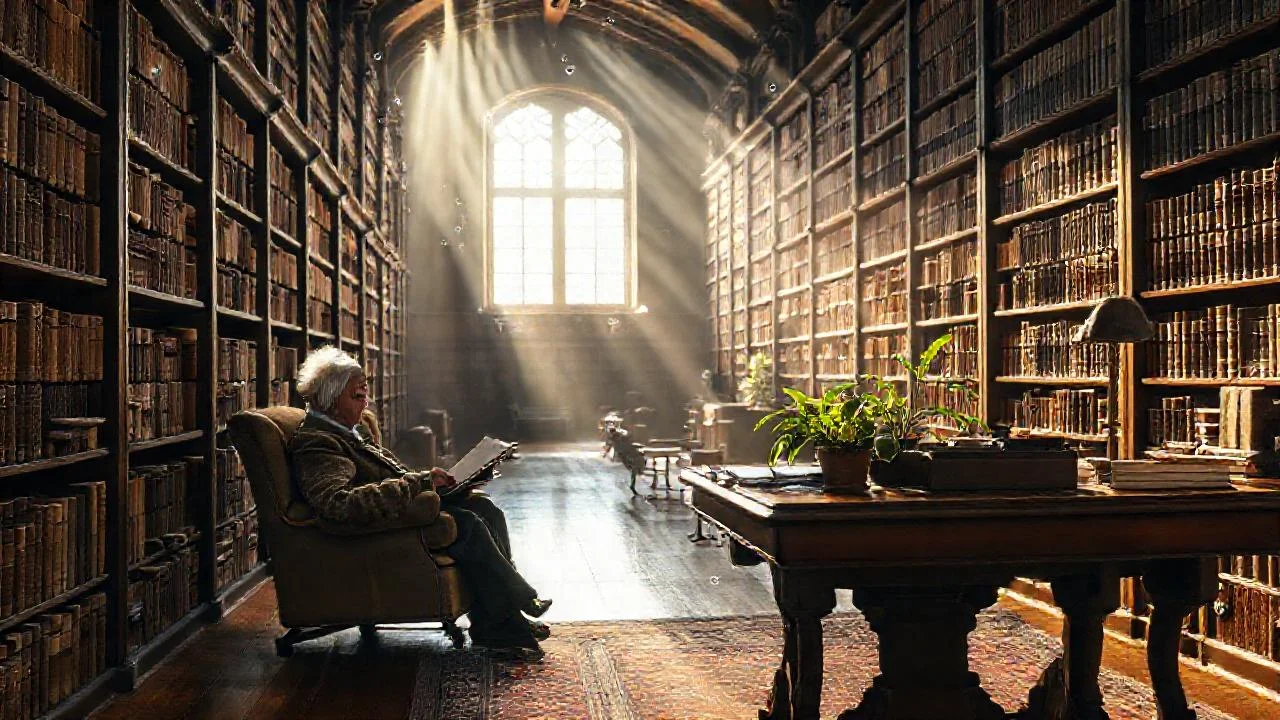 Un hombre lee en una biblioteca serena
