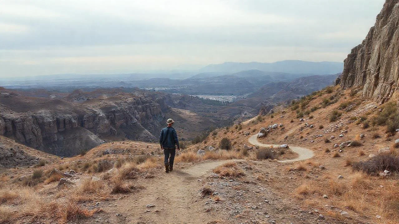 Un solitario caminante en paisaje árido