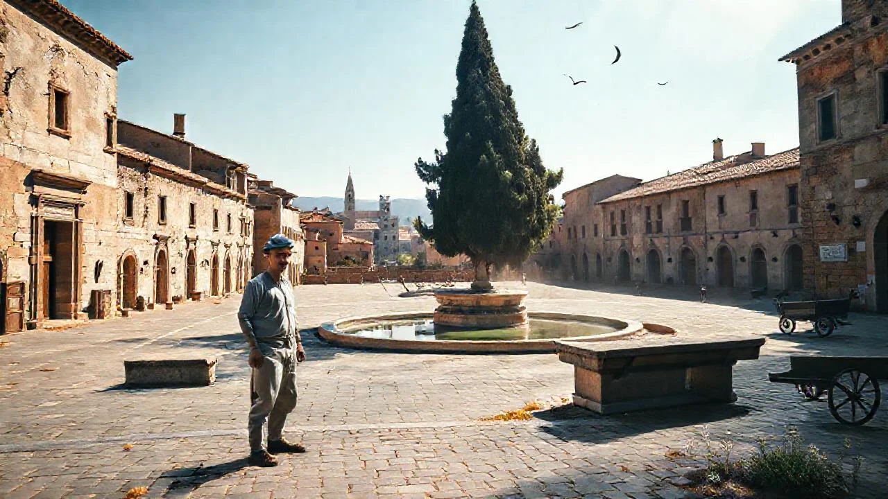 Plaza antigua, luz y quietud