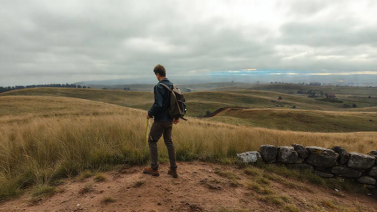 Un caminante explora un paisaje agreste