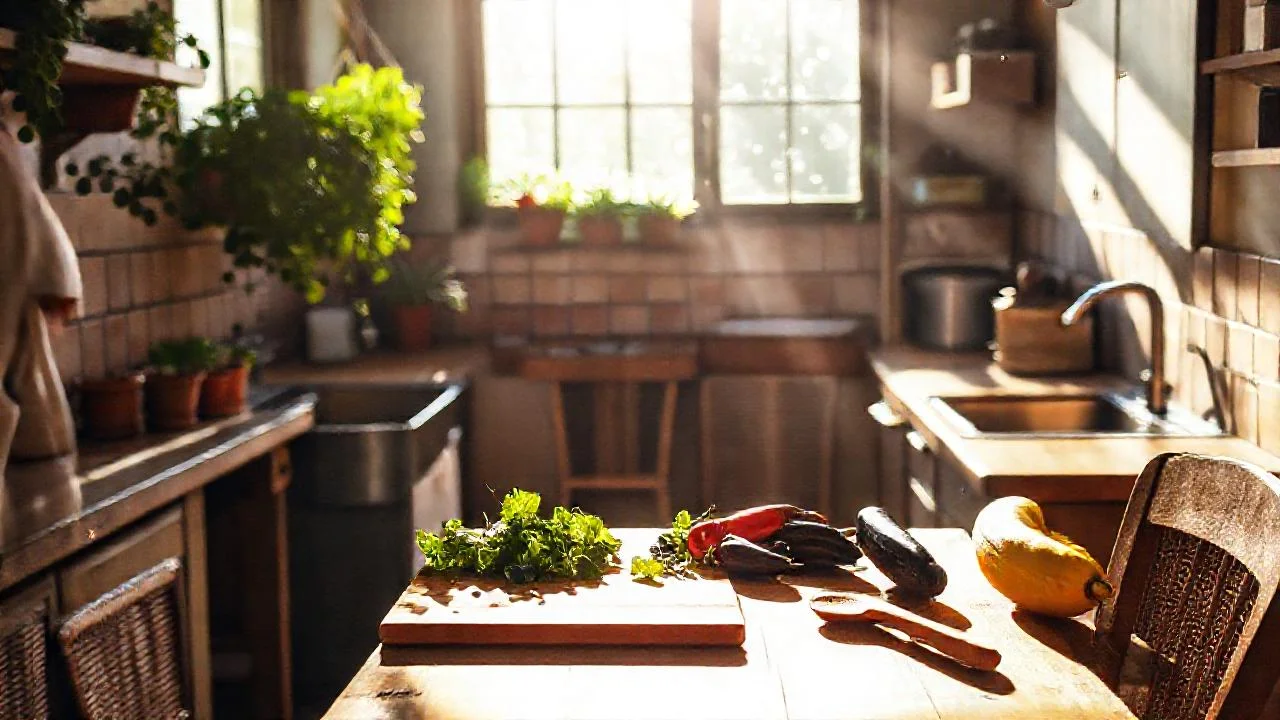 Luz cálida ilumina una cocina rústica
