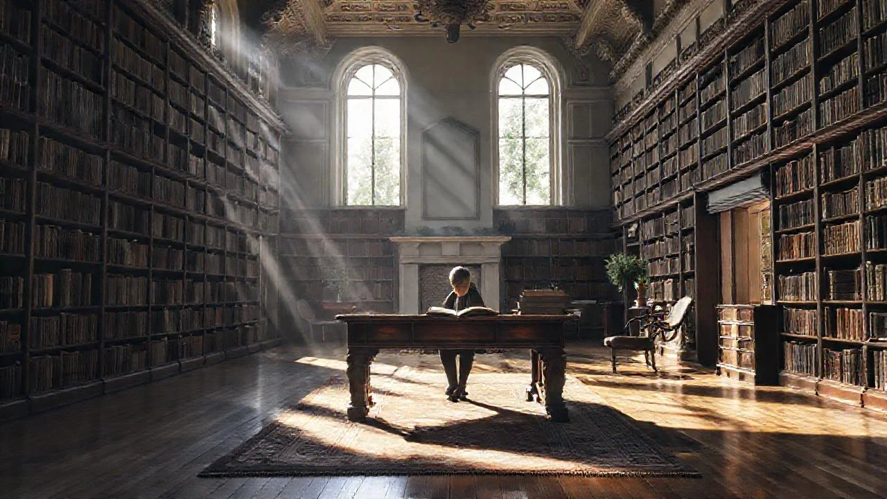 Una biblioteca antigua, serena y luminosa