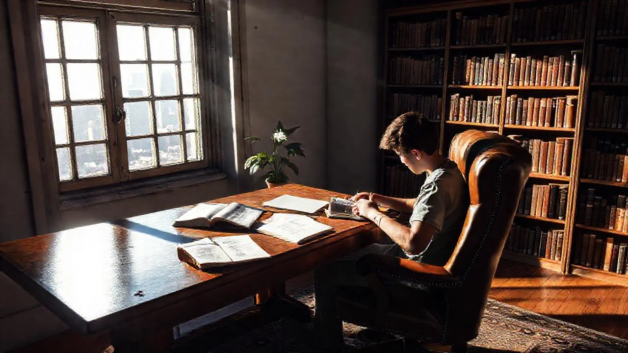 Estudiante concentrado, estudio iluminado por la luz