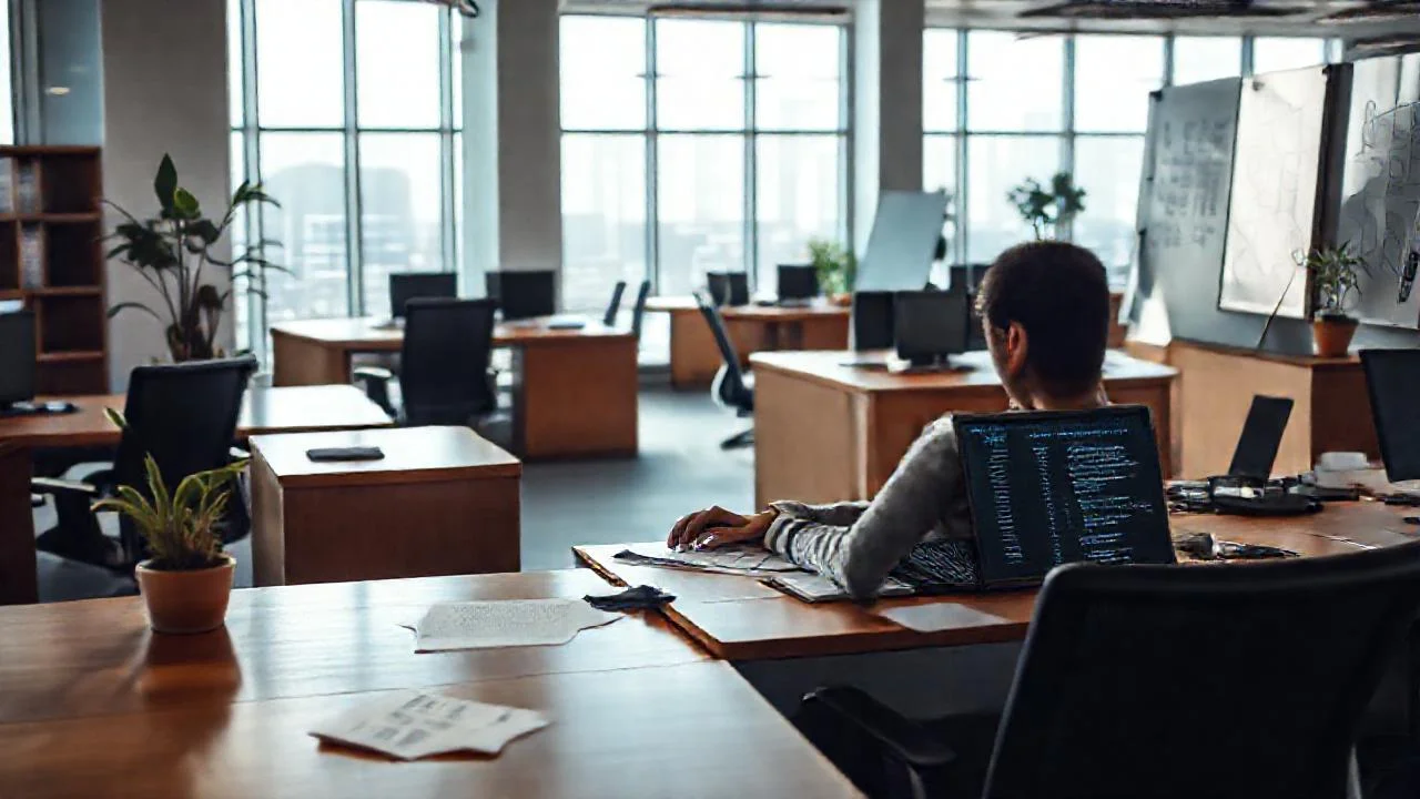 Oficina moderna, trabajo concentrado y luz