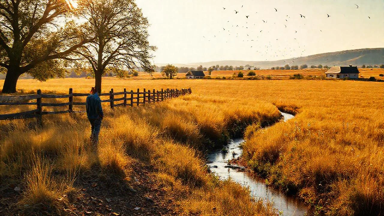 Campo dorado, figura solitaria y horizonte lejano