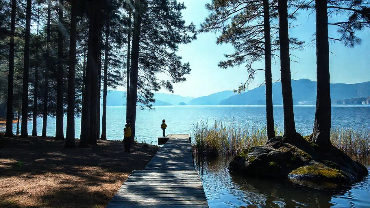 Bosque tranquilo, lago reflejado, luz serena
