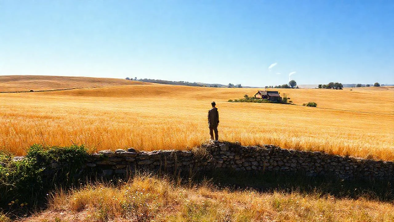 Campo dorado, silueta solitaria, quietud serena